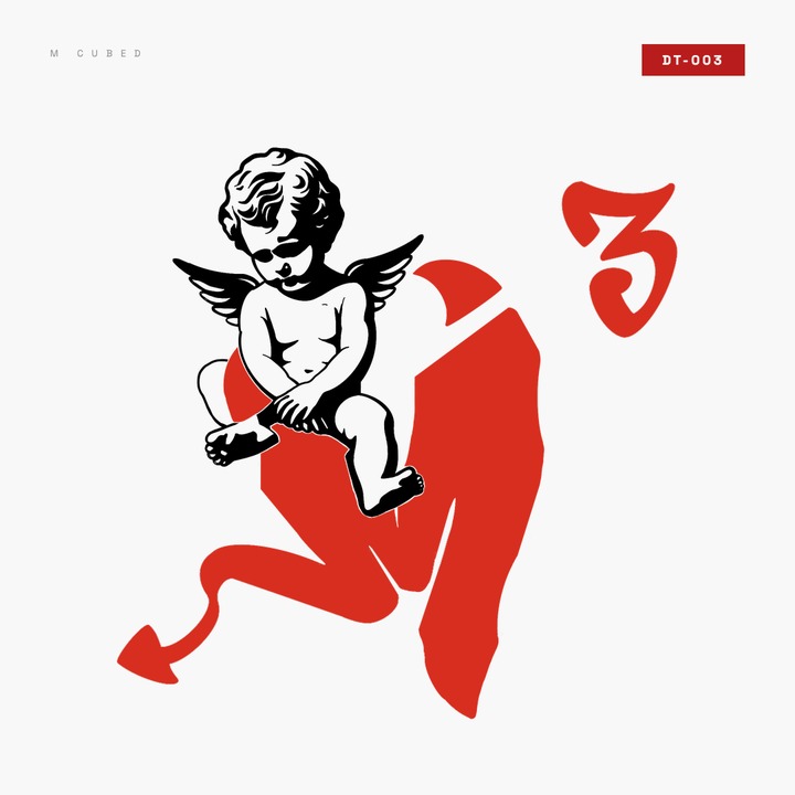 DT-003, Cherub: a winged cherub in dark glasses beside the red M³ mark, on white.